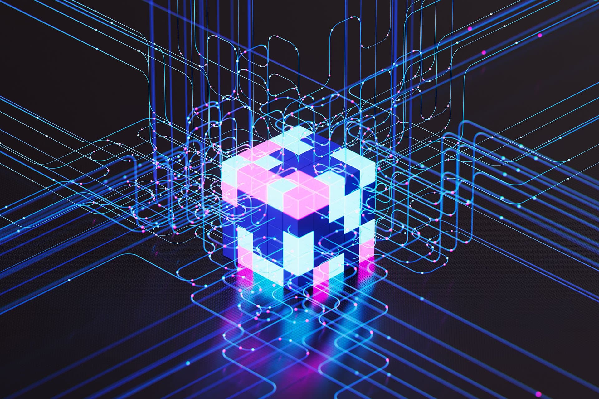 AI cube processing data flow with glowing lines and dots