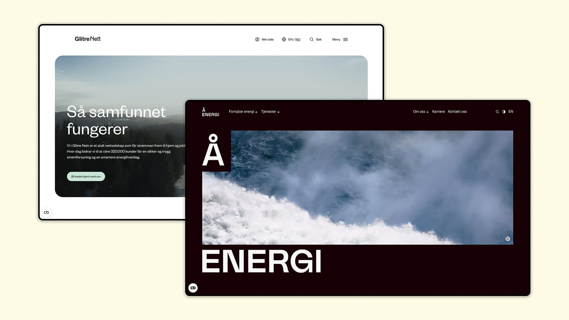 Forsiden til Å Energi og Glitre Nett sine nettsider på desktop
