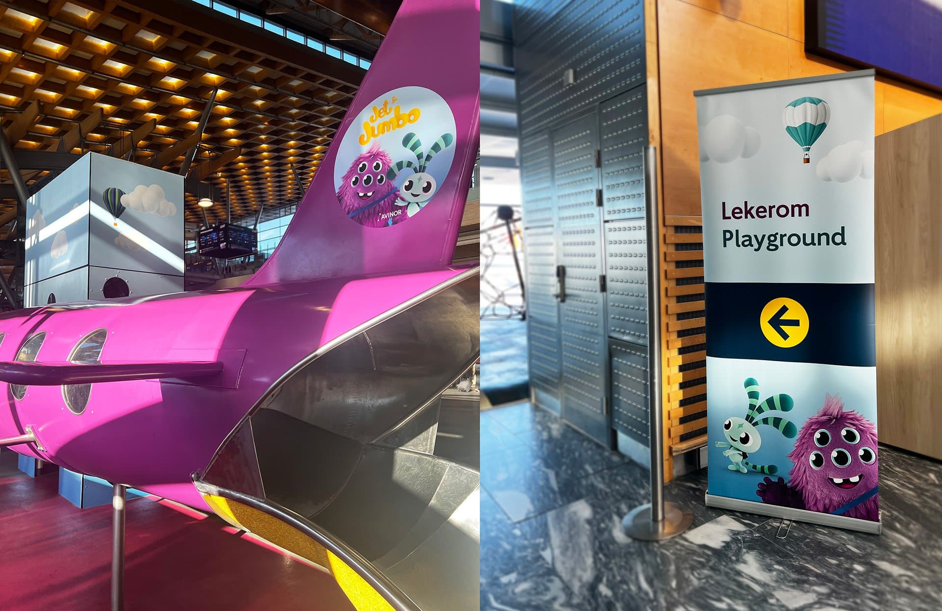 Bilde av maskotene på lekeplassen på Oslo lufthavn