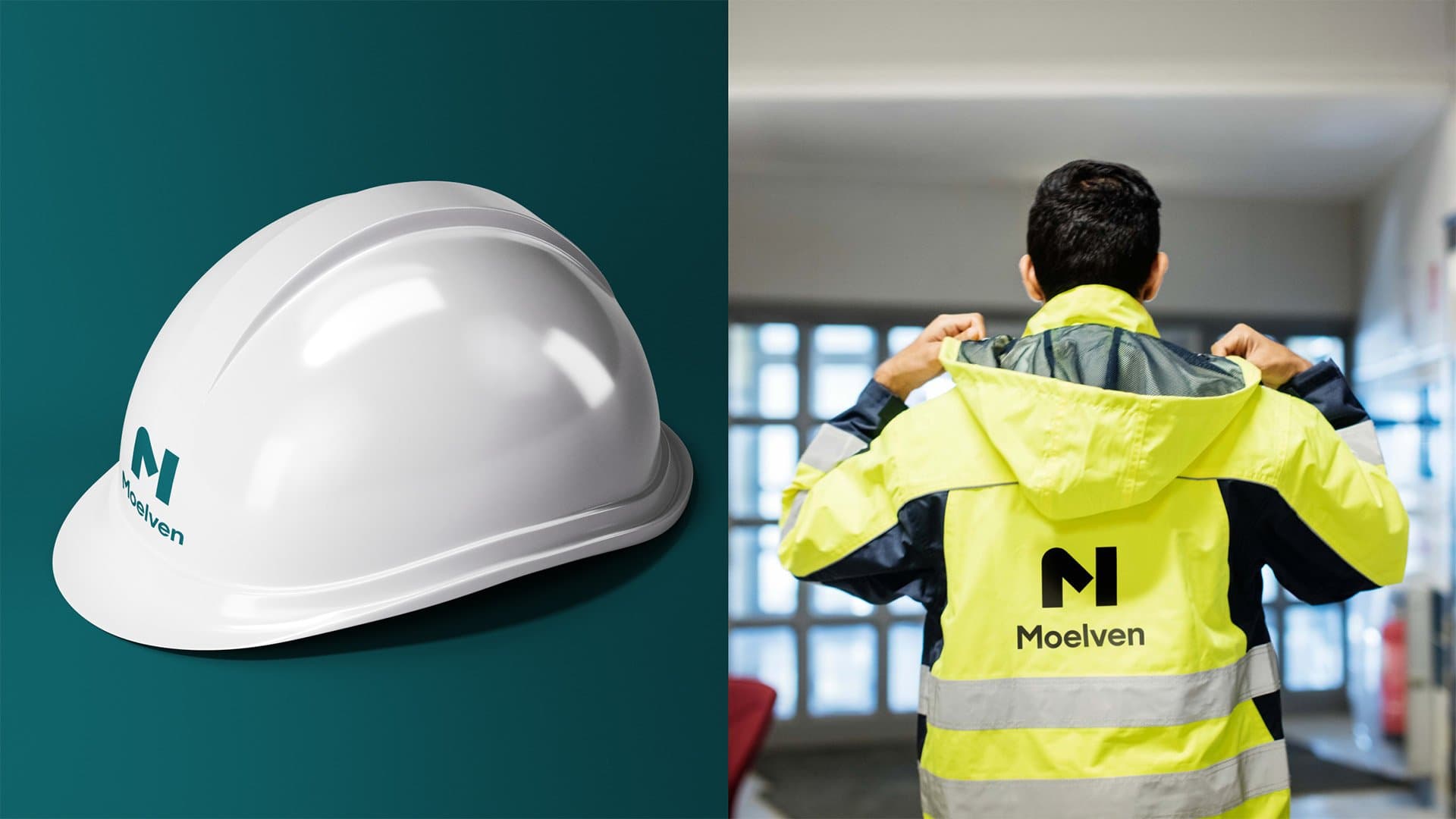 Moelven sin logo på hjelm og jakke