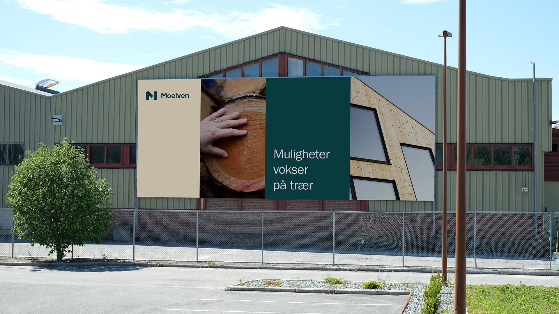 Moelven sin nye identitet på et skilt